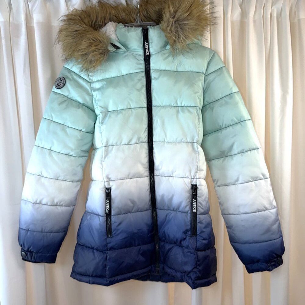 2019 Girls Justice Size 12 Blue Ombre Puffer Coat Jacket w/Faux Fur Trimmed Hood